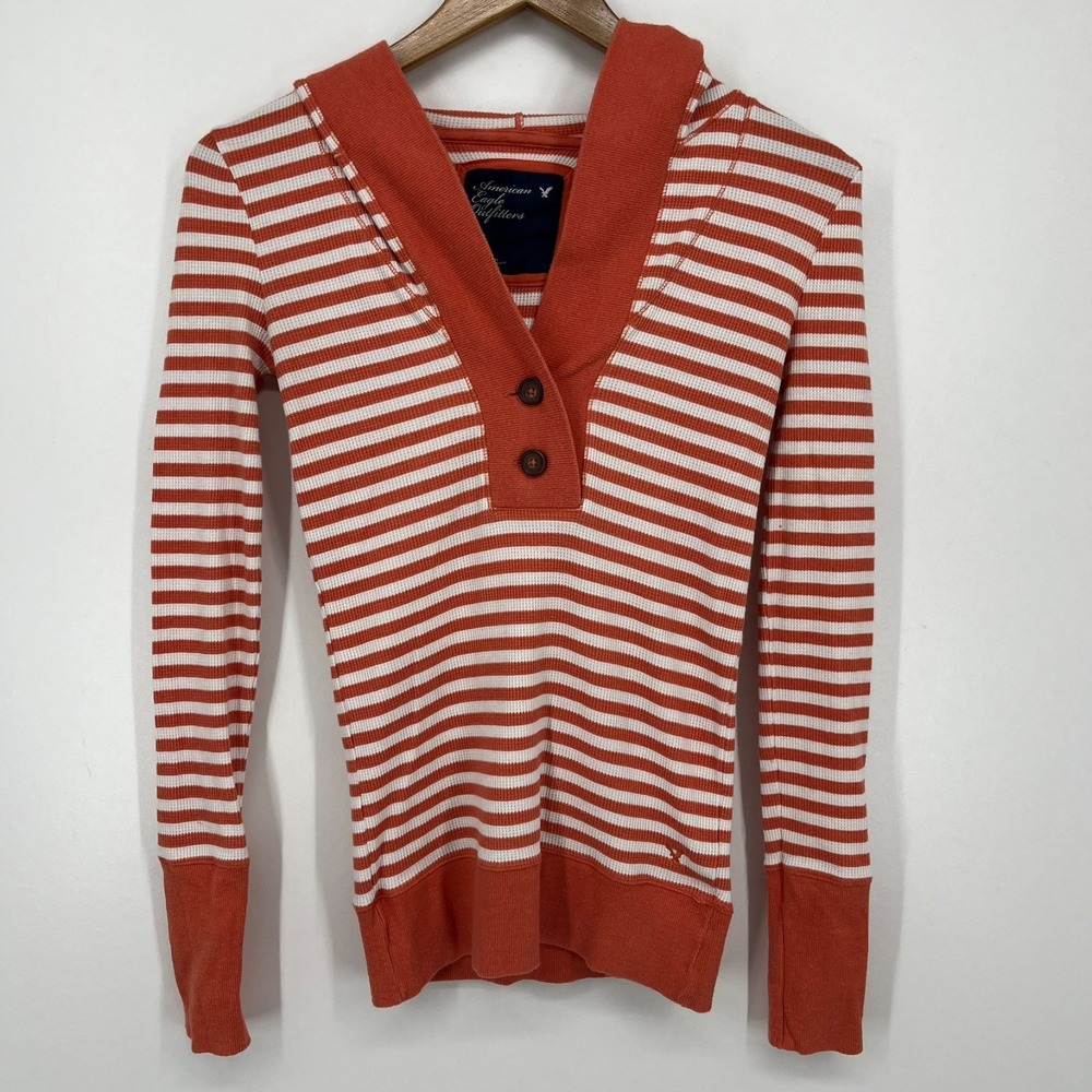 American Eagle Hoodie Women's Size S Orange‎ Striped Button Thermal Knit